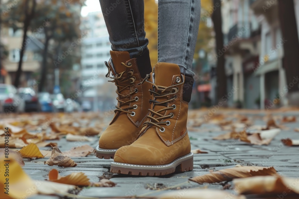 Trendy yellow boots stepping on an urban pavement covered in fallen leaves, reflecting contemporary fashion and the change of seasons Trendy yellow boots stepping on an urban pavement covered in fallen leaves, reflecting contemporary fashion and the change of seasons