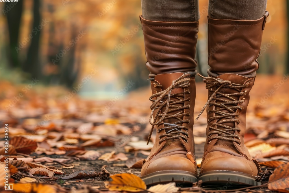A cozy pair of brown lace-up boots takes a stroll through a blanket of colorful autumn leaves A cozy pair of brown lace-up boots takes a stroll through a blanket of colorful autumn leaves