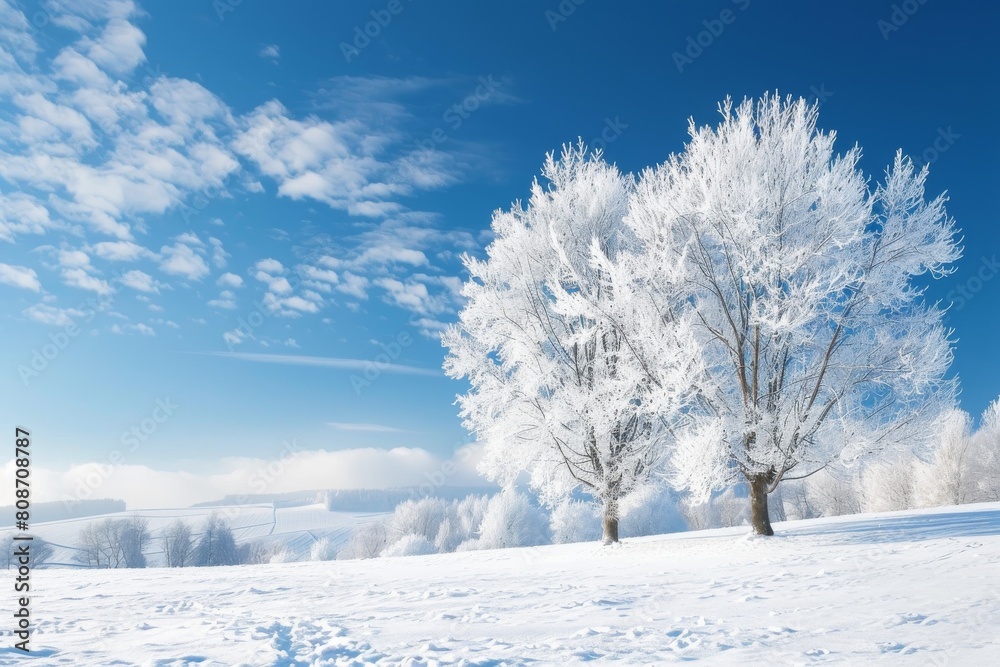 A tranquil winter scene featuring trees with branches heavily frosted, blanketed by fresh snow under a clear sky A tranquil winter scene featuring trees with branches heavily frosted, blanketed by fresh snow under a clear sky