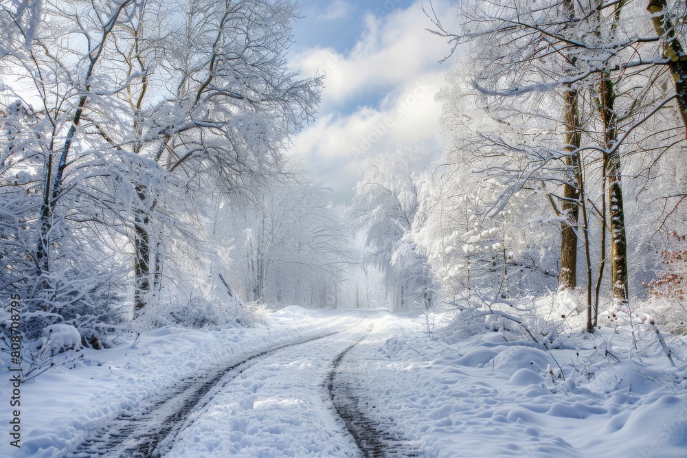 A picturesque winter woodland enveloped in snow with a pathway guiding through the serene snow-blanketed landscape A picturesque winter woodland enveloped in snow with a pathway guiding through the serene snow-blanketed landscape