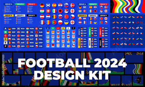 Europe Football cup 2024 social media design kit. Set of Vector illustration for european Football soccer cup 2024 background, groups, flags and design elements..
