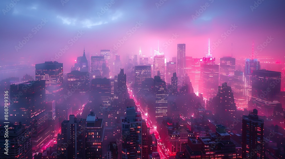 A cityscape at dusk, bathed in a soft pink haze that softens the urban outlines and lights, creating a tranquil city in twilight.