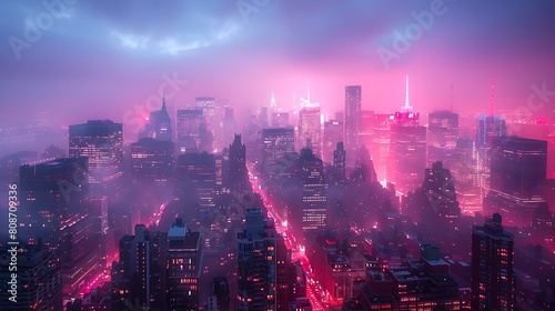 A cityscape at dusk  bathed in a soft pink haze that softens the urban outlines and lights  creating a tranquil city in twilight.