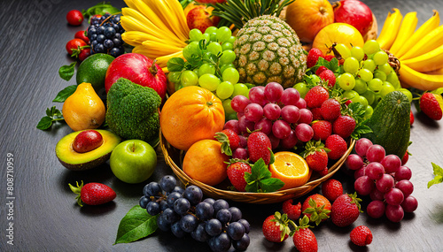 A colorful assortment of fresh fruits including bananas, pineapple, grapes, apples, oranges, strawberries, and other produce arranged in a wooden bowl
