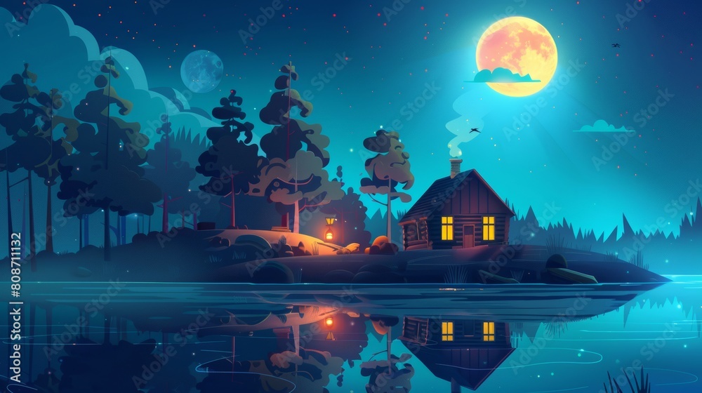 Fototapeta premium The image shown here represents a wooded chalet on night island above a magic lake, with soft light through the windows, chimney smoke, reflections in neon blue water, and fireflies shimmering in the