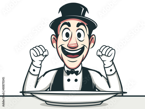 waiter background, Expressing excitement with wide eyes and a big smile., very simple and isolate in the style of animated illustrations, waiter background
