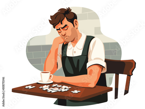 waiter background, Concentrating intently on a puzzle., very simple and isolate in the style of animated illustrations, waiter background