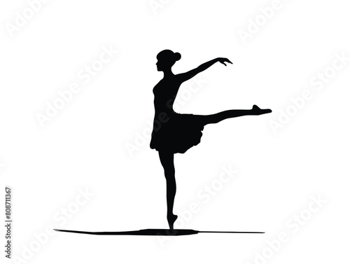 waiter background, Girl in dancer's pose, standing on one leg with the other leg extended behind, holding onto her foot., very simple and isolate in the style of animated illustrations, waiter. 