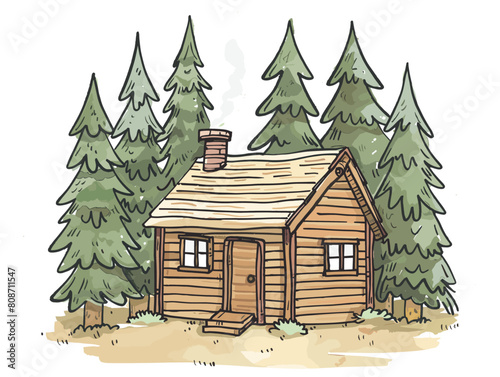 white background, A cozy cabin nestled in a snowy forest., very simple and isolate in the style of animated illustrations, white background