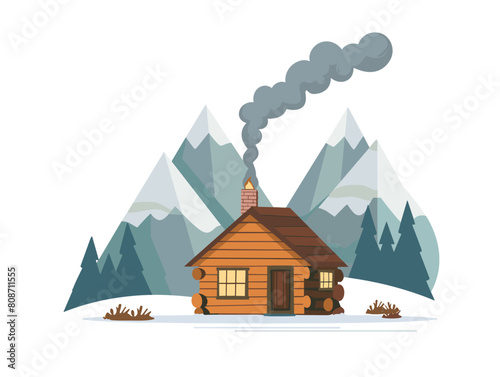 white background, A cozy cabin nestled in a snowy forest., very simple and isolate in the style of animated illustrations, white background