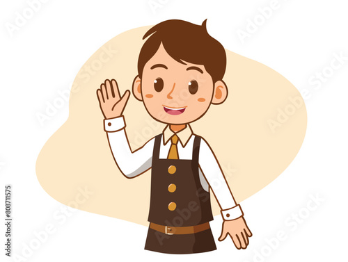 waiter background, Waving goodbye to a friend., very simple and isolate in the style of animated illustrations, waiter background
