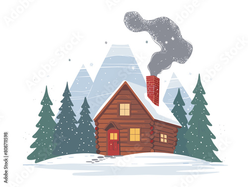 white background, A cozy cabin nestled in a snowy forest., very simple and isolate in the style of animated illustrations, white background