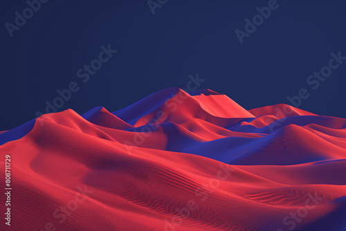 This is a 3D rendering of red dunes in the desert at night  created in a low poly style. The scene is minimalistic with simple shapes and no intricate details  emphasizing the stark beauty 