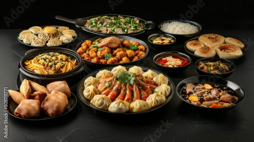 Authentic Chinese Food on Black Background