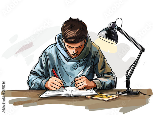 white background, A person sitting at a desk, jotting down notes and ideas on a piece of paper., very simple and isolate in the style of animated illustrations, white background