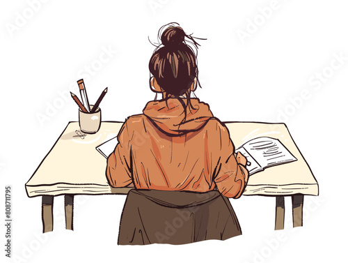white background, A person sitting at a desk, jotting down notes and ideas on a piece of paper., very simple and isolate in the style of animated illustrations, white background
