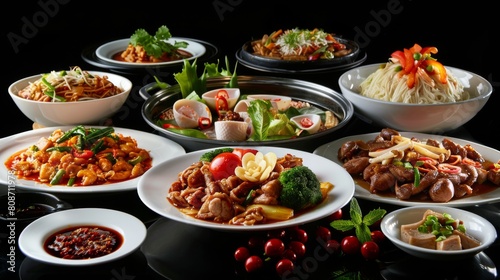 Authentic Chinese Food on Black Background
