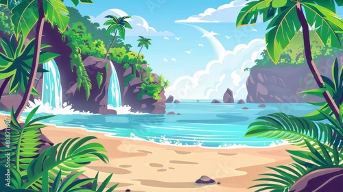 Summer resort with tropical sea scene, waterfall on rocky stone island, green plants, waves, and palm trees. Modern cartoon illustration of beautiful sea view, waterfall on rocky stone island.