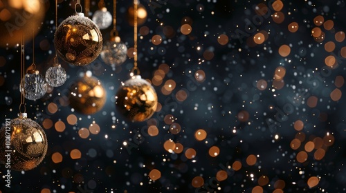 Greeting card panorama - Christmas celebration banner template with golden Christmas balls and baubles, isolated on black background. © Антон Сальников
