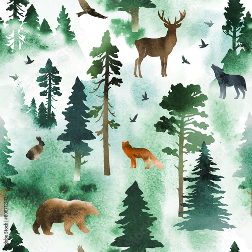 Watercolor vector seamless pattern with coniferous forest, animals and birds. Silhouette of trees, deer, hare, fox, wolf, bear. Nature design with for page fill, wrapping paper, web, textile print