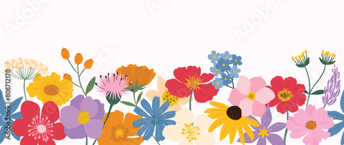 Spring flat flower background vector. Horizontal seamless floral pattern. Botanical art print for Happy Easter, Folk style home decor , Wall decoration, and fabric. 