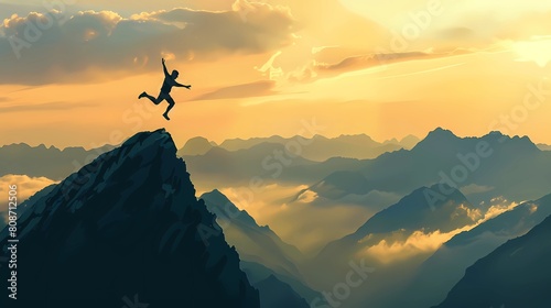 Silhouette of a businessman jumping over a mountain peak against a sunset background, Generative AI illustrations.