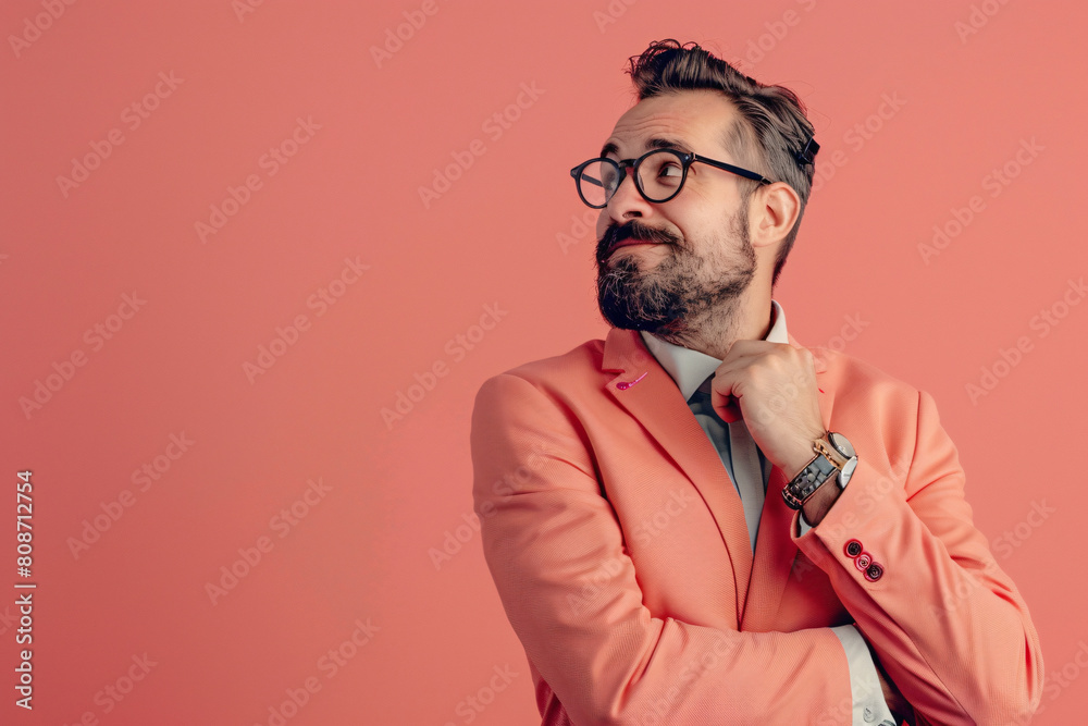 Fototapeta premium Man in pink suit with beard adjusting collar while looking upwards on a pink background