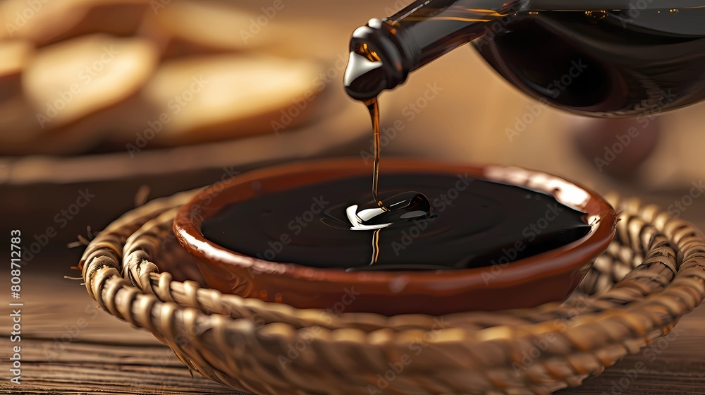 Pouring syrup into bowl with bread on wooden background, Generative AI illustrations. Pouring syrup into bowl with bread on wooden background, Generative AI illustrations.