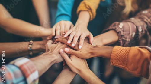 A group of diverse people joining their hands together. photo