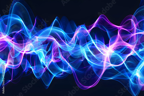 Electric neon waves in shades of blue and purple. Glowing light trails on black background.