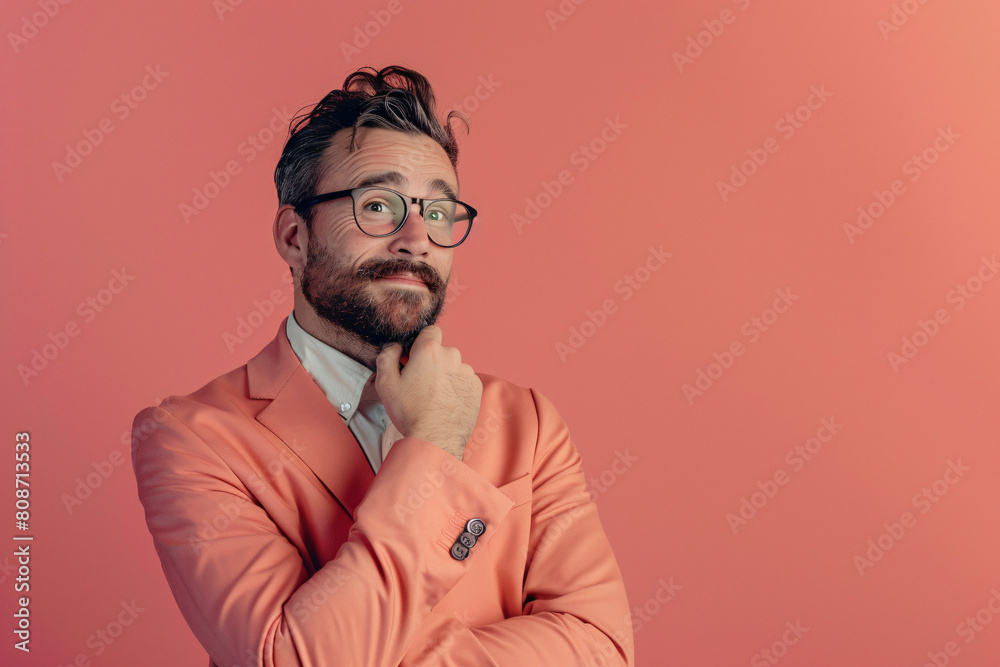 stylish man with a beard in a pink suit adjusting his tie thoughtfully on a pink background