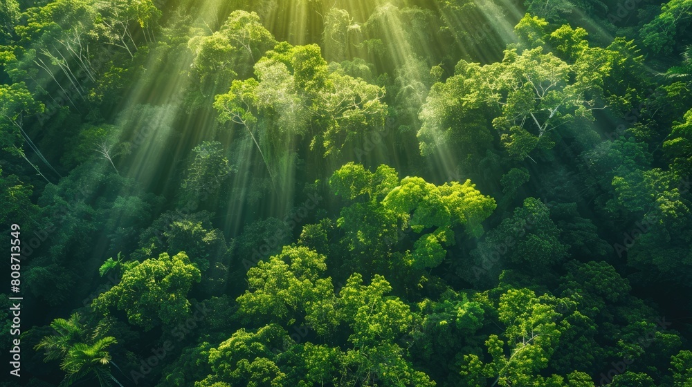 Sun rays piercing through the dense canopy of a lush, green tropical rainforest, highlighting its vibrant beauty. Sun rays piercing through the dense canopy of a lush, green tropical rainforest, highlighting its vibrant beauty.