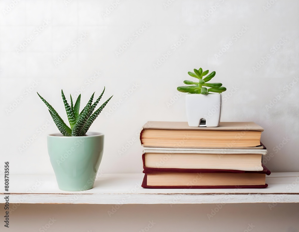 Close-up of a white shelf with books on it and two small pots with succulent plants. Home interior design.
