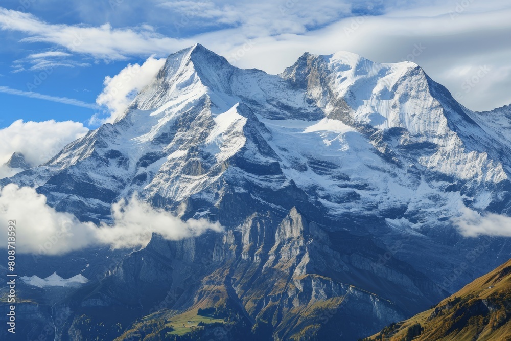 Obraz premium Snow-capped peaks of the Swiss Alps, Panoramic view of snow-capped mountain, Ai generated