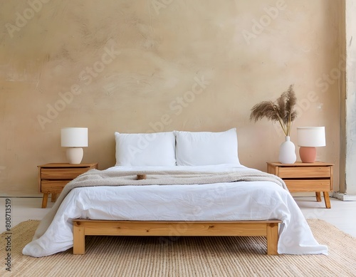 First floor of a double bed with white sheets. Rustic beige stucco walls and wooden bedside tables. Japandi and minimalist style. Home inerior design.