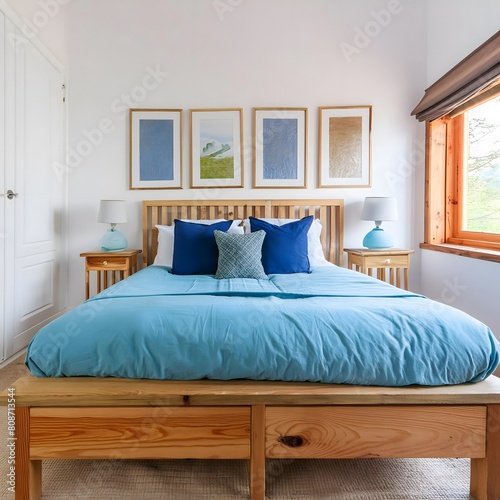 Rustic coastal style bedroom in shades of white and light blue. Wooden double bed with light blue bed sheet and large window on the right-hand wall.