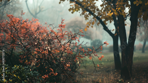 Japanese Barberry Bush in Autumn City Park Against Misty Morning Trees: Fall Landscape