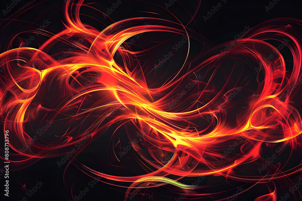 Dynamic neon swirls in fiery red and orange hues. Glowing patterns on black background.