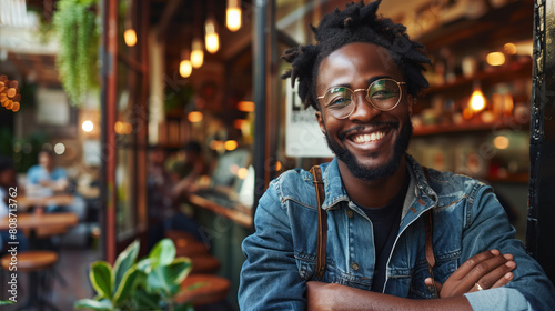 A happy African American small business owner posing with hands folded