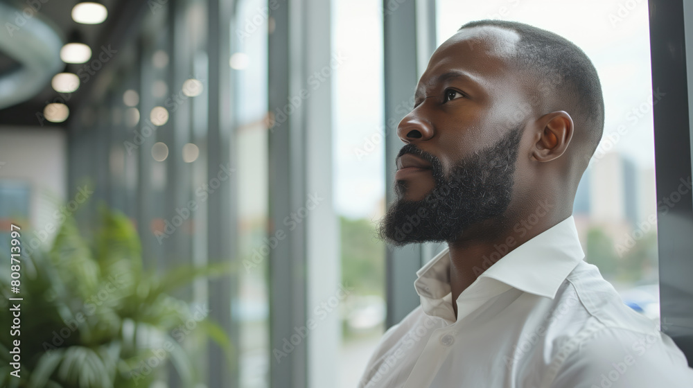 An African American businessman looking out the window in a modern office An African American businessman looking out the window in a modern office
