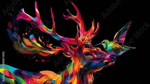 Colorful abstract background with a deer and a hummingbird  Generative AI illustrations.