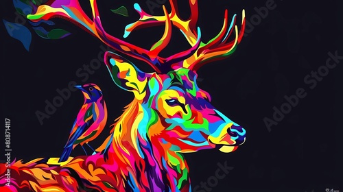 Digital painting of a deer head with antlers and colorful background  Generative AI illustrations.