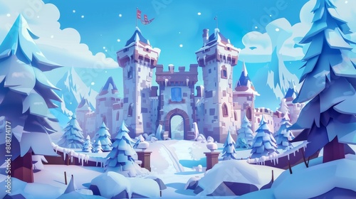 A winter cartoon fairytale landscape with a castle in the forest covered with snow. Medieval fortress landscape with gates and towers amid snowy trees.