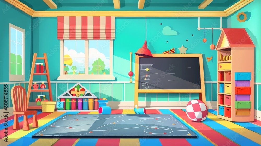 Kindergarten interior furniture and equipment for kids' education and recreation. Cartoon set of preschool childcare - chalkboard, toys, rack and chair, stationery, backpack.
