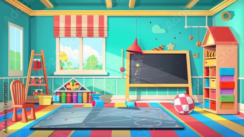 Kindergarten interior furniture and equipment for kids' education and recreation. Cartoon set of preschool childcare - chalkboard, toys, rack and chair, stationery, backpack. © Mark