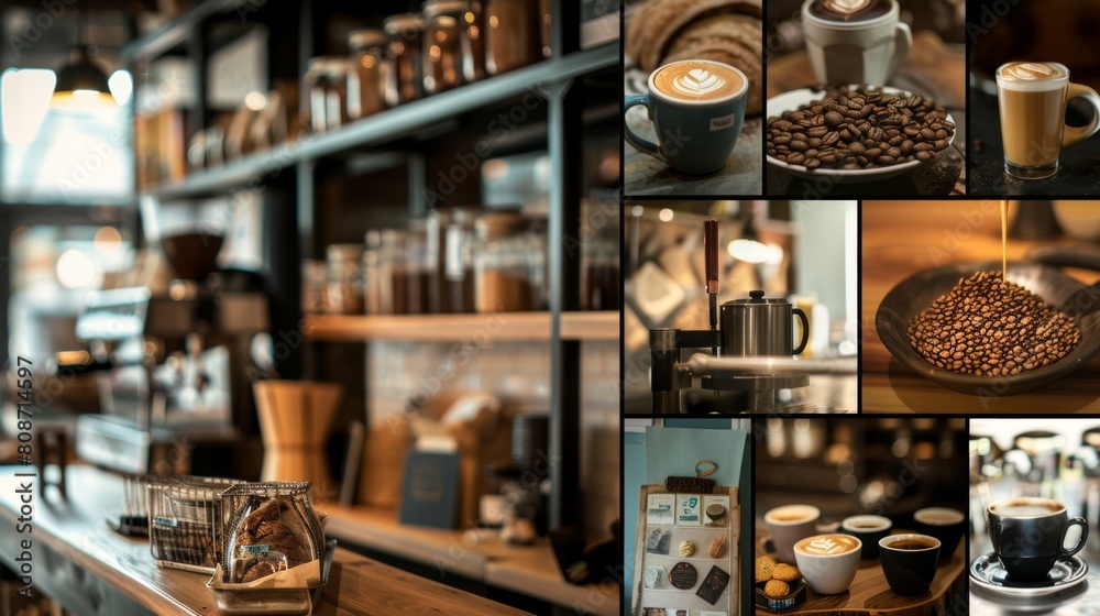 Photo collage of coffee shop concept. Perfect for display, brochures, and flyers Photo collage of coffee shop concept. Perfect for display, brochures, and flyers