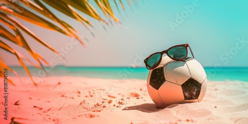 Beach landscape with soccer ball and sunglasses on the sand. Sporty summer concept.