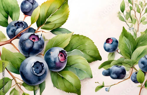 A vivid illustration depicting a bunch of ripe blueberries of various shades against a background of green leaves. A banner with blueberries for printing on products. Ripe juicy summer blueberry berri