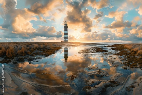 AI generated illustration of a tall lighthouse standing on sandy shore beside water