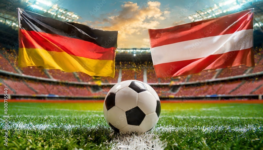 Fototapeta premium German flag Austria flag with football in a stadium for the European Championship